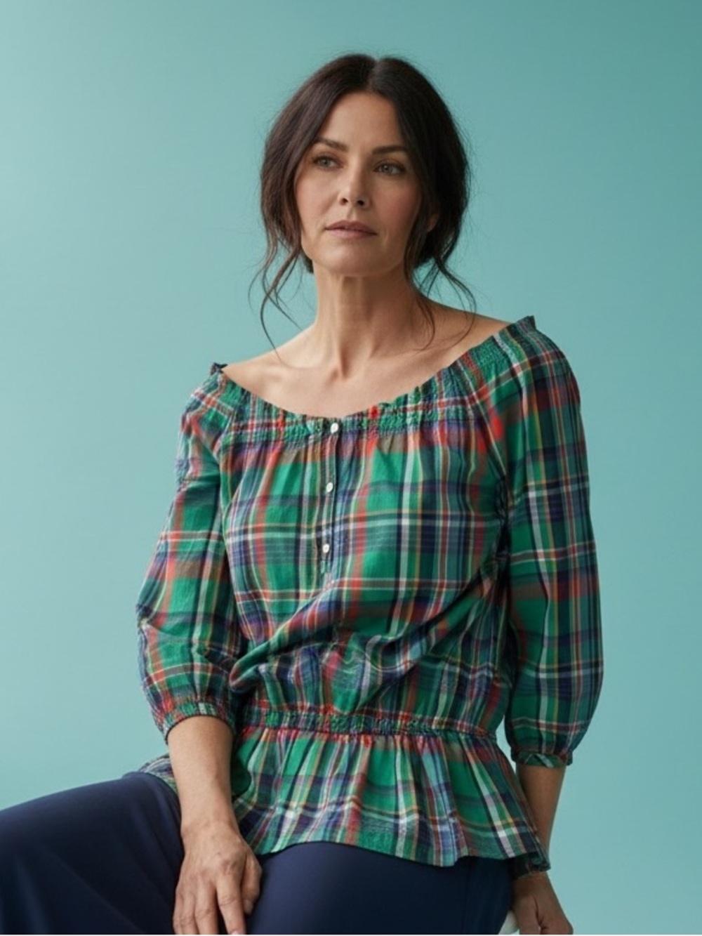 Chaps Green Plaid Drop Waist Peplum 3/4 Sleeve Top Size XL